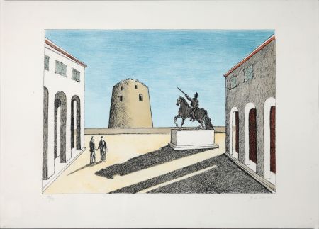 Lithographie De Chirico - Piazza d'Italia con statua equestre