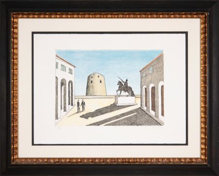 Lithographie De Chirico - Piazza d'Italia con statua equestre