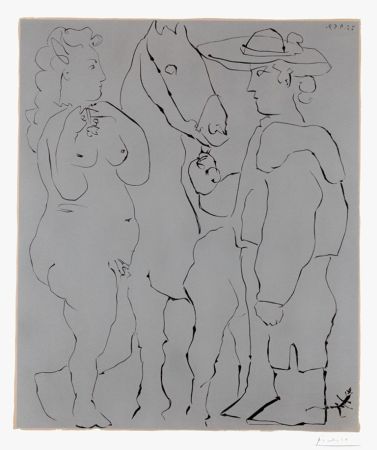 Linolschnitt Picasso - Picador Debout avec son Cheval et une Femme (Picador, Woman and Horse)