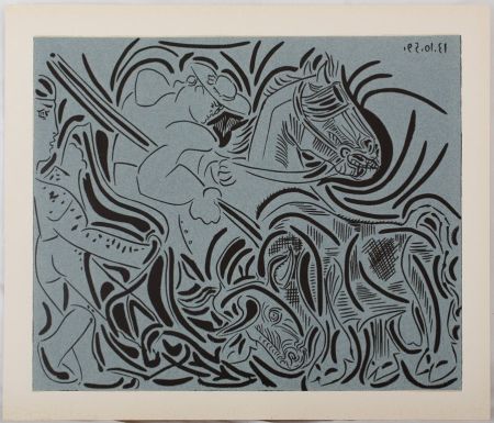 Linolschnitt Picasso - Pique : Face au taureau