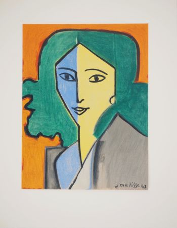 Lithographie Matisse - Portrait bleu, vert et jaune