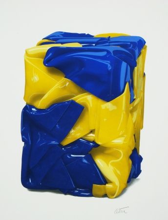 Lithographie Cesar - Portrait compression en jaune et bleu
