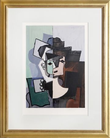 Lithographie Picasso - Portrait de Face sur Fond Rose et Vert