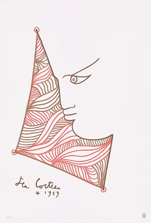 Lithographie Cocteau - Profil brun et rouge 