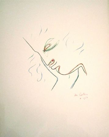 Lithographie Cocteau - Profil de garcon en couleur