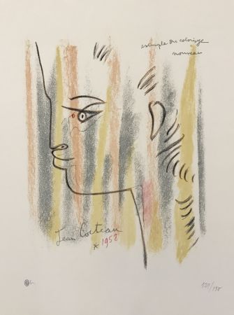 Lithographie Cocteau - Profile in Yellow, Pink, and Green