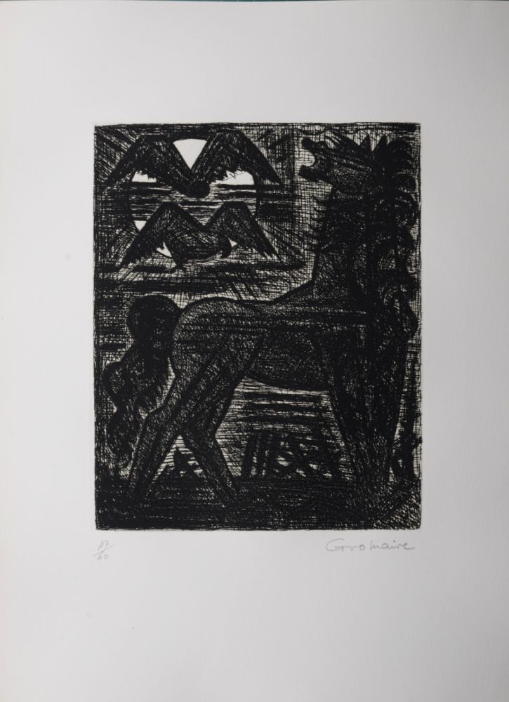 Radierung Gromaire - Présages, cheval noir et oiseaux de nuit, 1958