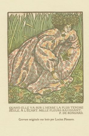 Holzschnitt Pissarro - Quand elle va sur l'herbe... / Girl Picking Flowers