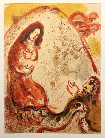 Lithographie Chagall - RACHEL DÉROBE LES IDOLES DE SON PÈRE (Dessins pour la Bible, 1960)