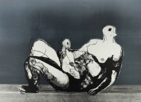 Lithographie Moore - Reclining Mother and Child with Blue Background