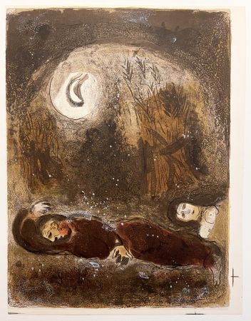 Lithographie Chagall - RUTH AUX PIEDS DE BOOZ. Lithographie originale pour 