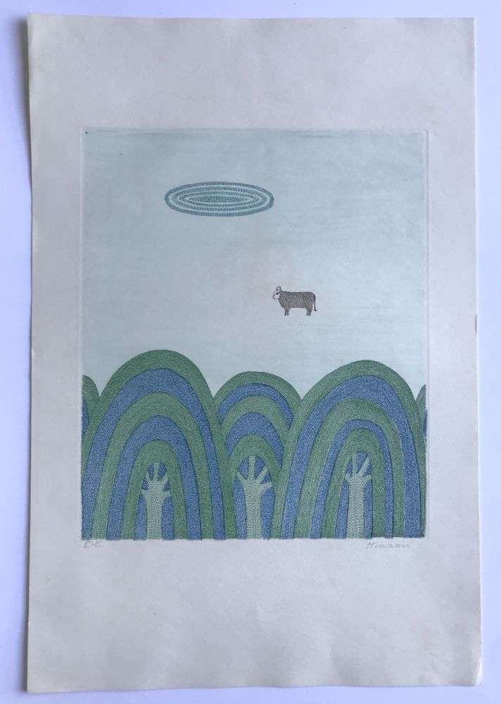 Aquatinta Minami - Sans titre (3 arbres et 1 vache)