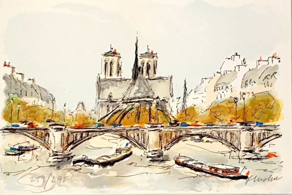 Lithographie Huchet - Seine et Notre-Dame de Paris
