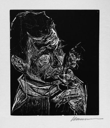 Holzschnitt Hansen-Bahia - Selbstbildnis, rauchend / Self-Portrait, Smoking