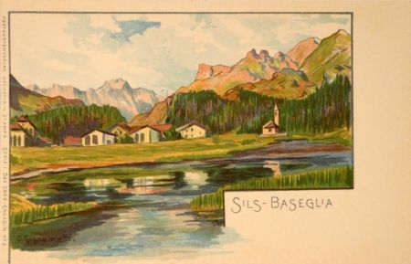Lithographie Giacometti - Sils-Baseglia / Samaden / Sils-Maria / Silva Plana mit Piz Margna / Maloja / St.Moritz / Der Schafberg / Forno-Gletscher.