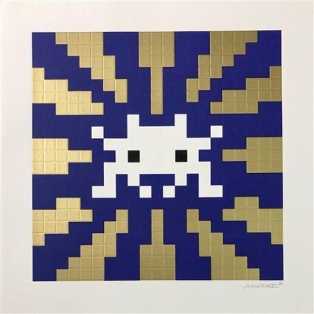 Siebdruck Space Invader - Sunset (Gold & Blue)