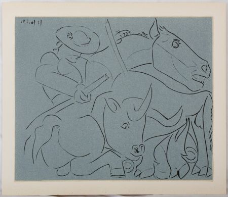 Linolschnitt Picasso - Taureau désarmant un picador (La pique cassée)