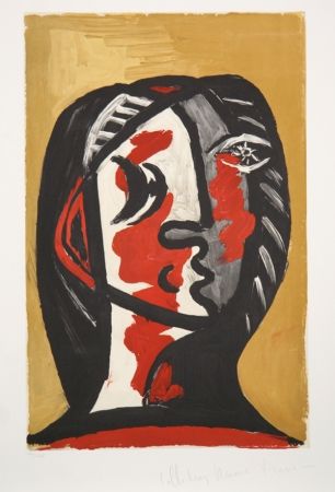 Lithographie Picasso - Tete de Femme en Gris et Rouge sur Fond Ochre