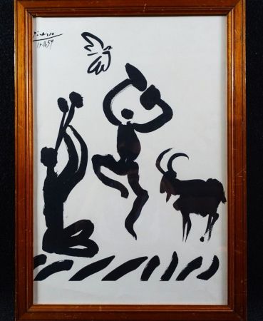 Lithographie Picasso - The flute player with fauns, Lithograph on Arches paper