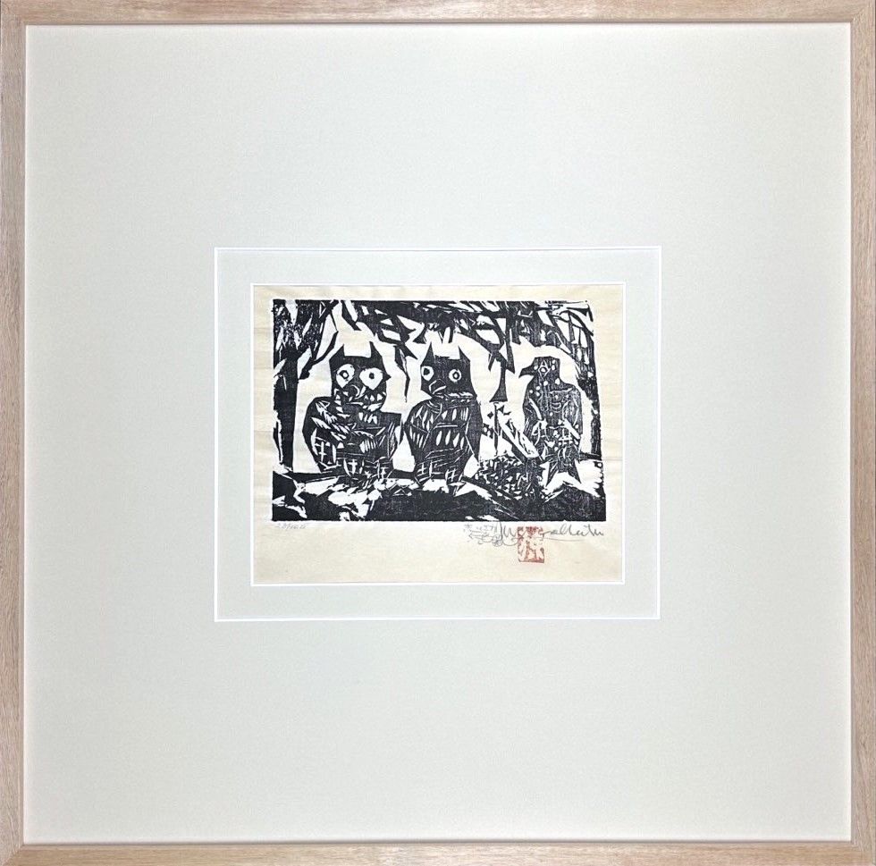 Holzschnitt Munakata - Three owls on tree branch