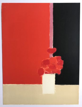Lithographie Cathelin - Tokonoma sur fond rouge et noir
