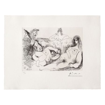 Radierung Und Aquatinta Picasso - Trois Femmes nues écoutant un joueur de guitare