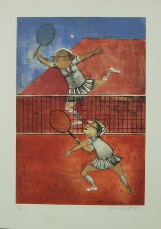 Lithographie Boulanger - TWO GIRLS PLAYING TENNIS