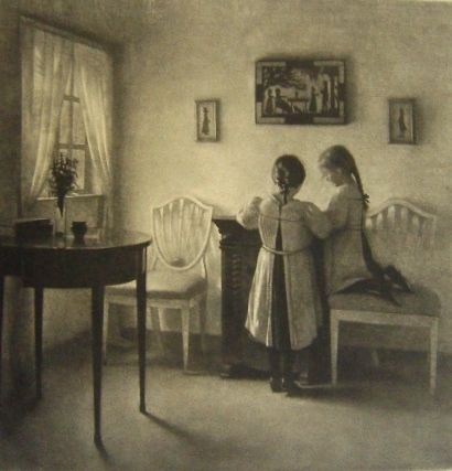 Mezzotinto Ilsted - Two little girls playing.