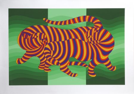 Siebdruck Vasarely - Two Tigers on Green