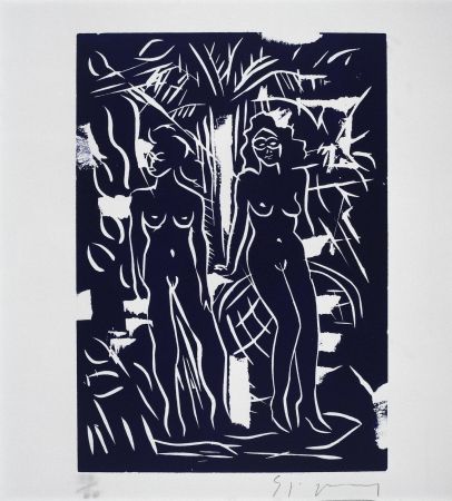 Linolschnitt Szczesny - Two Women in Blue