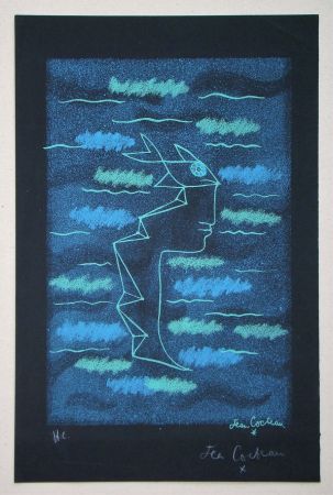 Lithographie Cocteau - Tête d'homme aux yeux poisson