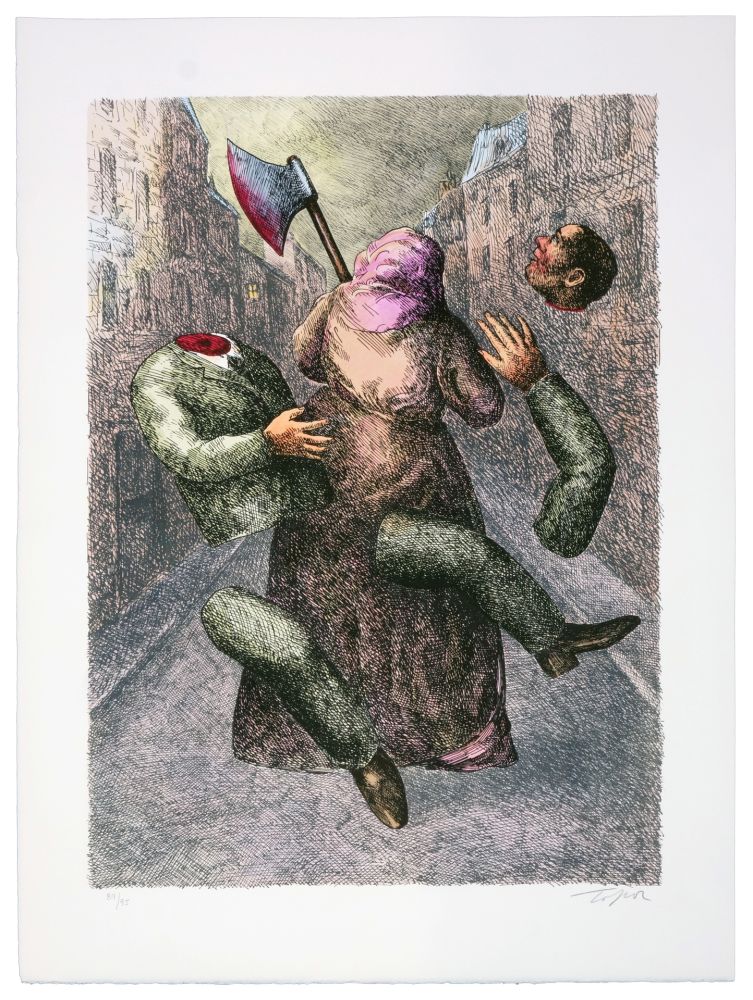 Lithographie Topor - Une jeune femme nocturne a asséné un coup de hache à A.Renaudy, dans un cabaret du boulevard Rochechouart, puis est partie