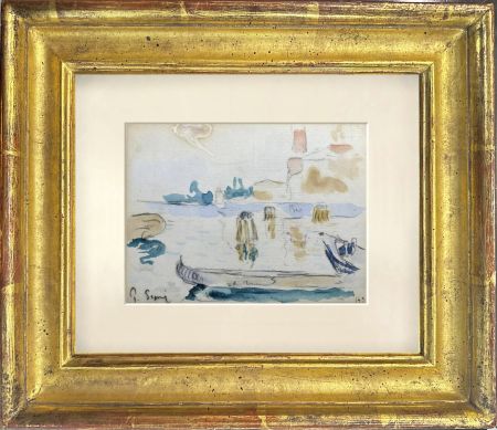 Monotypie Signac - VUE SUR LE PORT AVEC BATEAU DE REPOS