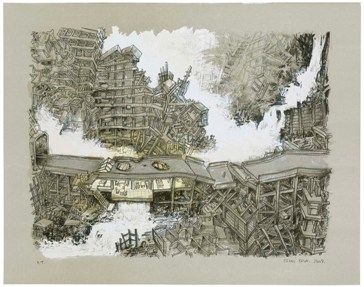 Lithographie Oiwa - Waterfall House