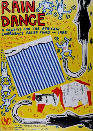 Lithographie Haring - (with Andy Warhol, Jean Michel Basquiat, Roy Lichtenstein & Yoko Ono) - Rain Dance, 1985