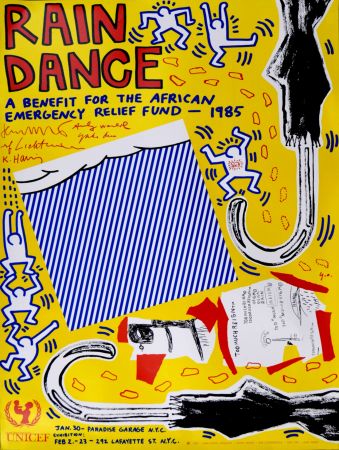 Lithographie Haring - (with Andy Warhol, Jean Michel Basquiat, Roy Lichtenstein & Yoko Ono) - Rain Dance, 1985 - Rare first printing!