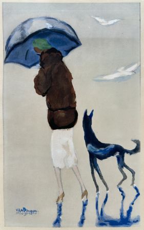 Pochoir Van Dongen - Woman with a dog on the Beach