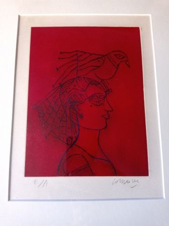 Radierung Und Aquatinta Corneille - Woman with Bird, Hand-signed Etching in color