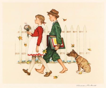 Lithographie Rockwell  - Young Love: Walking to School