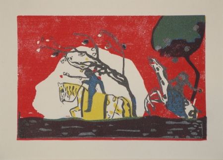 Holzschnitt Kandinsky - Zwei Reiter vor Rot.