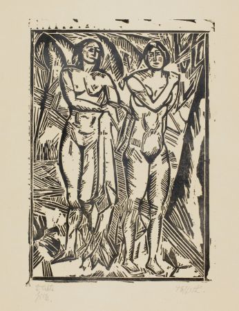 Holzschnitt Tappert - Zwei stehende weibliche Akte mit Tuch (Two standing female nudes with cloth)