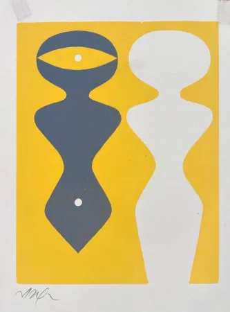 Holzschnitt Arp - Deux figures sur fond jaune 
