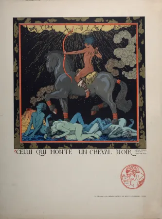 Lithographie Barbier - Celui qui monte un cheval noir, 1916