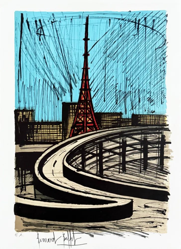 Lithographie Buffet - La tour Eiffel et l'autoroute, Tokyo