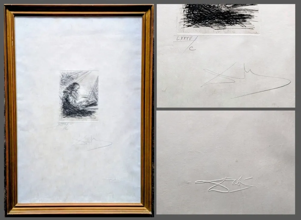 Stich Dali -  Hand-Signed Original Engraving - Faust Reading, 1969