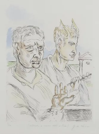 Siebdruck De Chirico - Giorgio De Chirico (1888–1978) - Autoritratto con mercurio - Hand-colored engraving by the artist - 1969