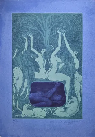 Aquatinta Fuchs - Nacht Unterschlupf im Laub