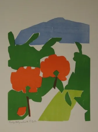 Holzschnitt Gehr - Zwei rote Bäume in Landschaft