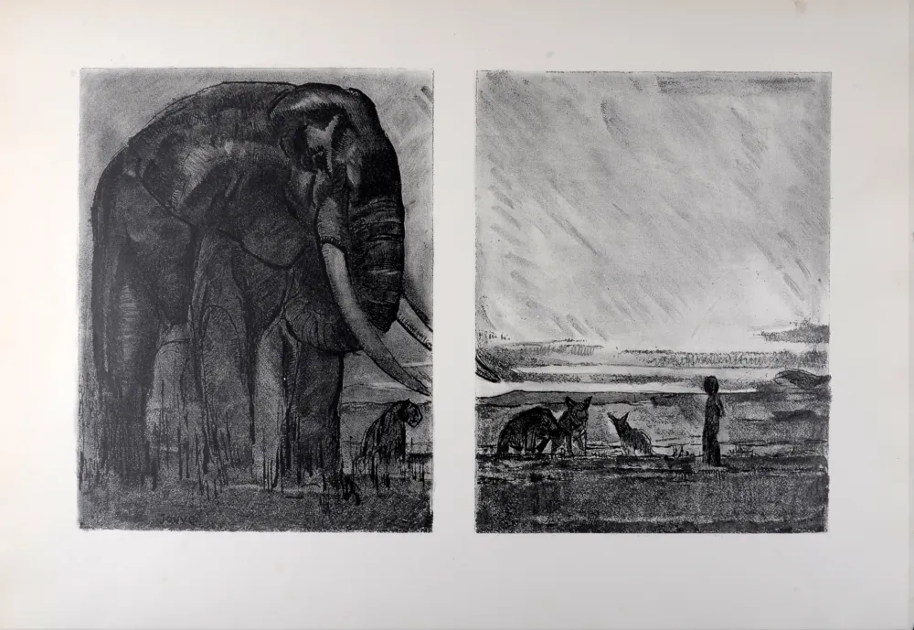 Lithographie Jouve - L'éléphant, La Comédie animale
