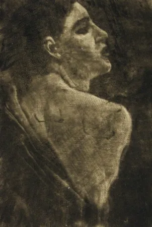 Stich Klinger - Weibliche Halbfigur Schabkunstversuch.